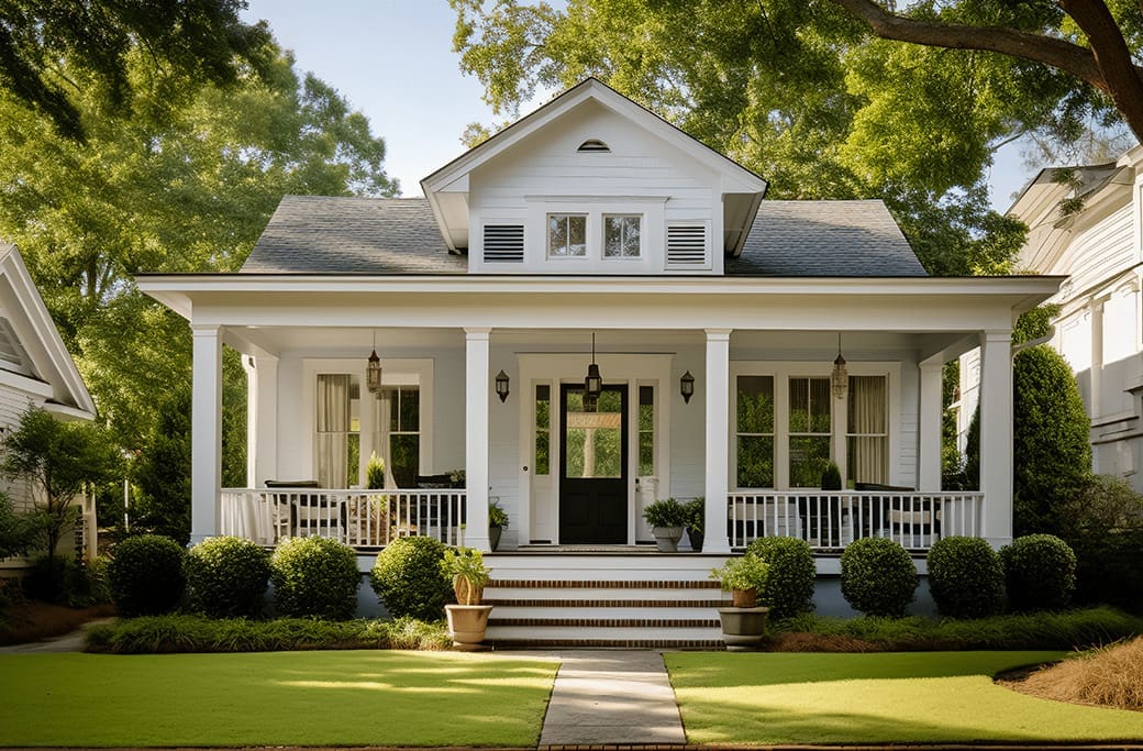 Charming white family home with a porch and lush landscaping in Winston-Salem.