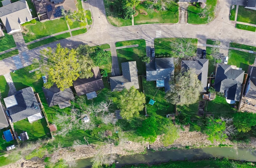 Residential neighborhood showing drainage patterns and potential flood risk