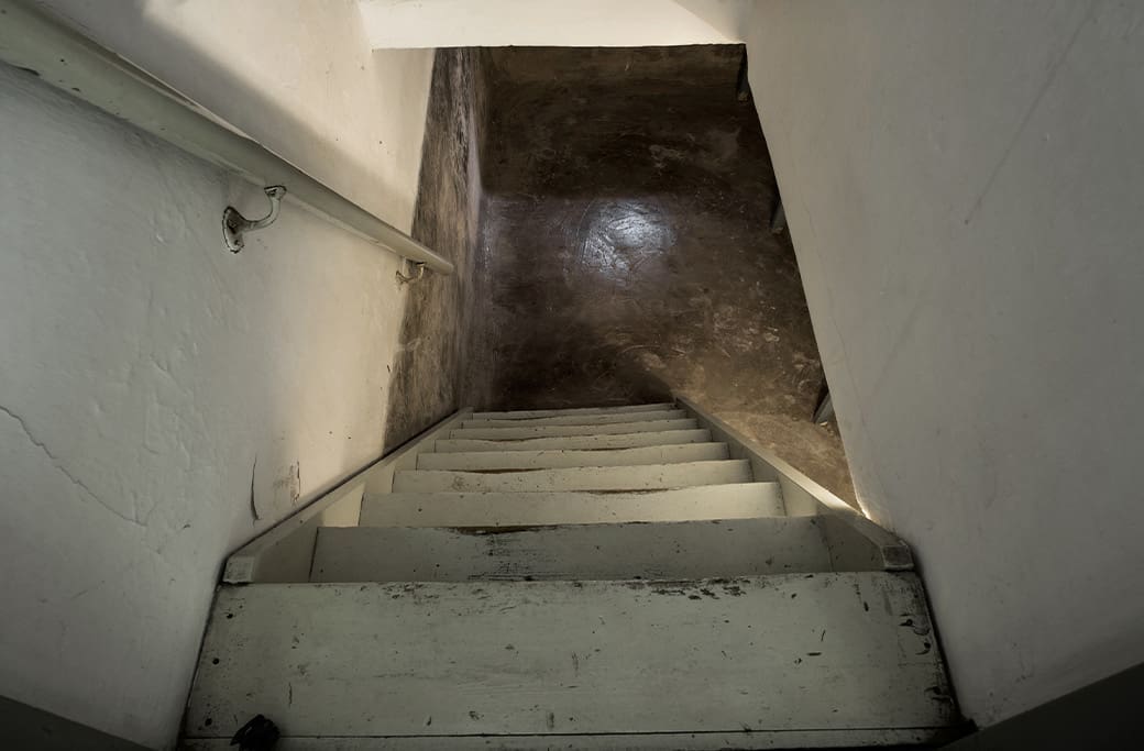 Wooden stairs leading down to a dark basement garage in a 1990s Winston-Salem home.