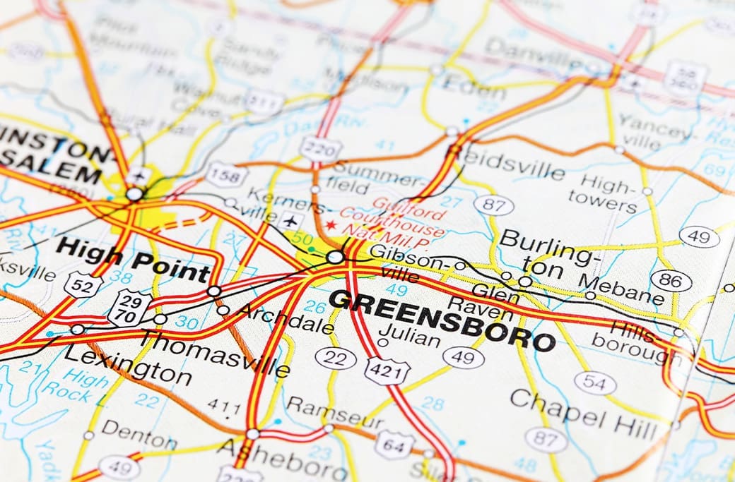 Map showing Winston-Salem and Greensboro locations in the Piedmont Triad NC
