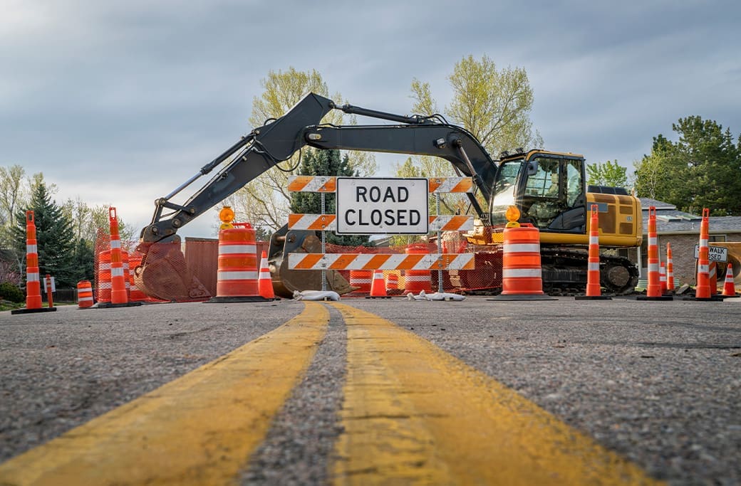 Road construction near a residential neighborhood